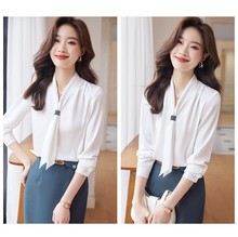 白色衬衣女长袖酒店前台空姐制服韩版美容师工作服蝴蝶结职业衬衣