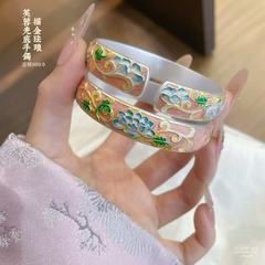 描金珐琅芙蓉手镯足银9999轻奢小众清新简约纯银高级首饰生日礼物