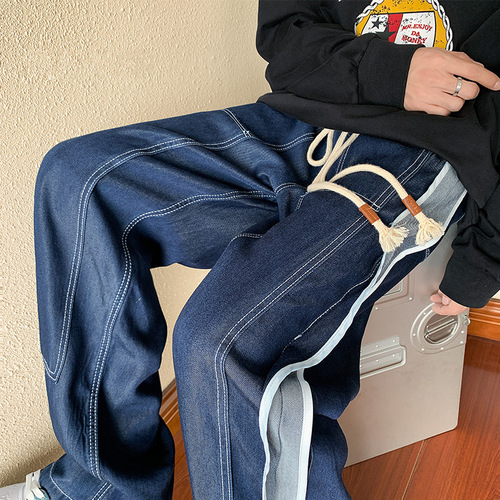 American street-style designed patchwork washed jeans for men and teenagers, drawstring front, loose straight-leg wide-leg pants