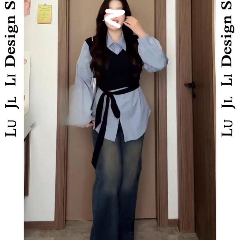 大码女装胖慵懒风假两件绑带马甲衬衫2025秋季新款时尚显瘦上衣|undefined