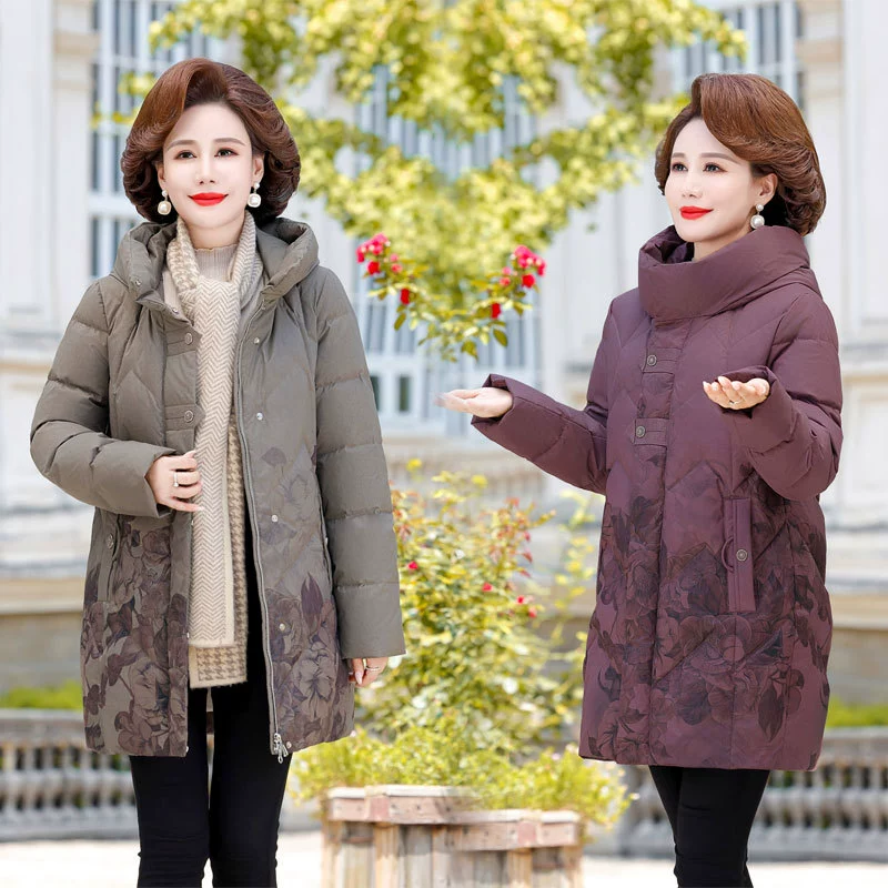 Молодая мама зима 2023 Новый пуховик на утином пуху, длинный белый пуховик на утином пуху, куртка на хлопковой подкладке для женщин среднего и пожилого возраста