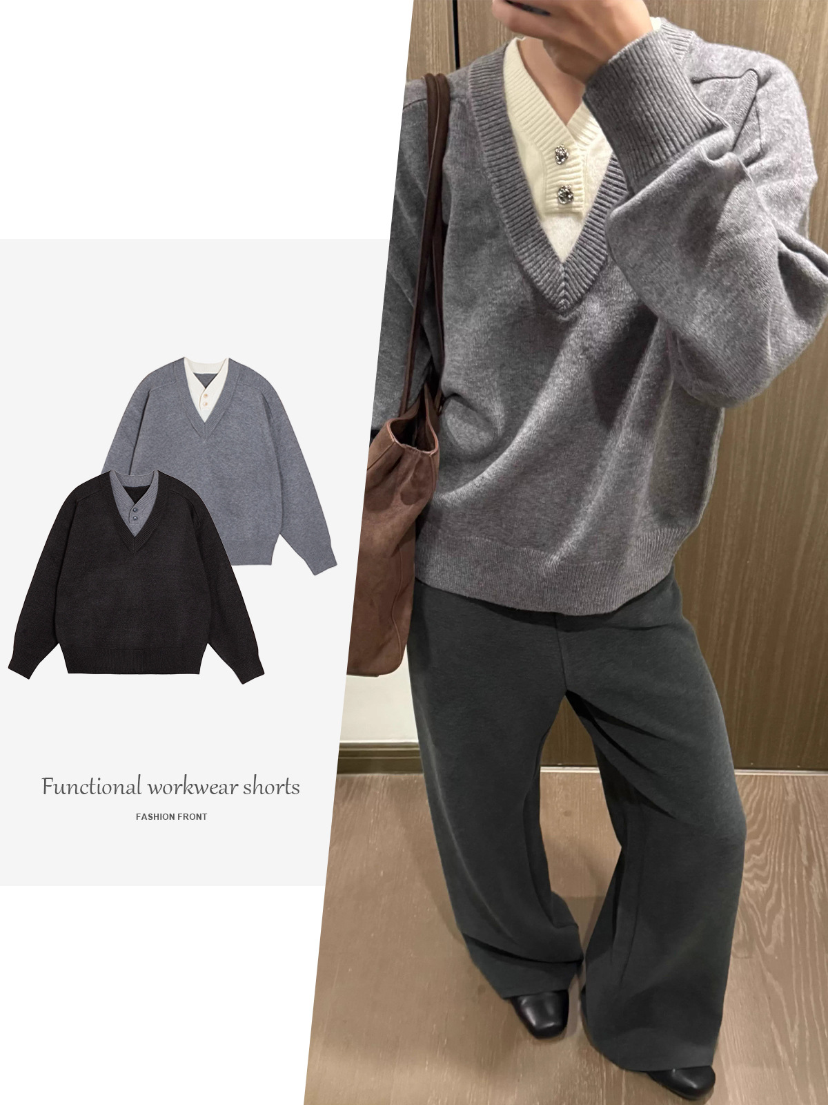 Xanvas Fake Two-Piece Eternal Flower Modal Blend V-Neck Pullover Knit Sweater Cleanfit for Men