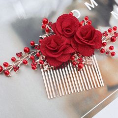 敬酒服花嫁髪櫛頭飾り水晶白い花模造真珠手作り赤い髪挿し結婚櫛飾り