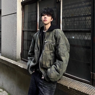 美式飞行员迷彩棉服男款冬季加厚假两件连帽棉衣潮牌痞帅炸街外套