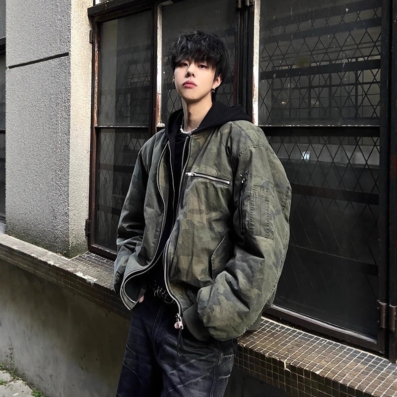 美式飞行员迷彩棉服男款冬季加厚假两件连帽棉衣潮牌痞帅炸街外套