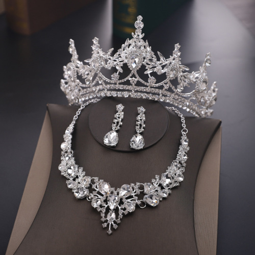 Cross-border luxury bridal jewelry three-piece set wedding crown tiara necklace earrings set wedding dress accessories