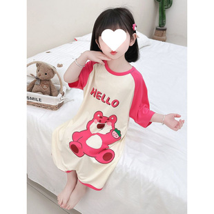 Princess Pure Cotton One-Piece Pajamas Kidsren's Summer Thin Nightgown Girls Short-Sleeved Strawberry Bear Sleeping Bag Cartoon Home Clothes