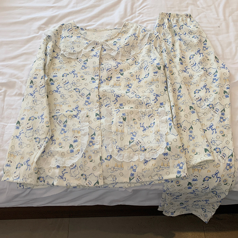 Primavera nueva nube de algodón pijama de otoño delgado flores dulces red en vivo ropa casera casera de dos piezas