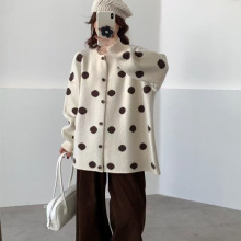 跨境欧美宽松慵懒风撞色波点秋冬季新款毛衣女外套休闲针织开衫女