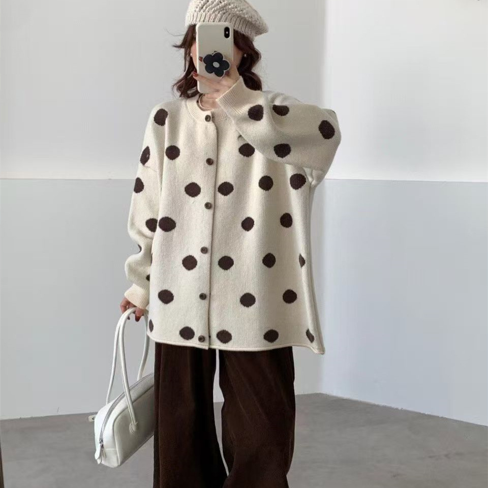 跨境欧美宽松慵懒风撞色波点秋冬季新款毛衣女外套休闲针织开衫女
