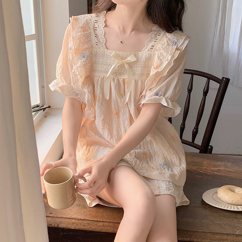 Internet celebrity short-sleeved pajamas summer women's bubble cotton ladies princess style summer sweet girl home wear suit summer