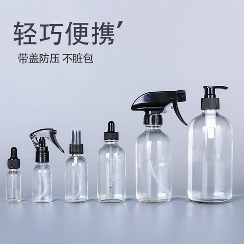 Source Factory Transparent Boston Bottle Glass Essential Oil Bottle Shampoo Cream Shower Gel Press Pump Head Dispensing Bottle