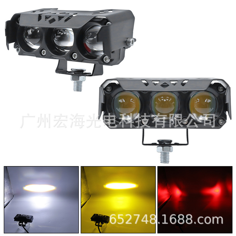 オートバイスポットライトデュアルカラー LED ヘッドライト 3 目スポットライトハイ/ロービーム防水電動バイクヘッドライトデビルアイ|undefined