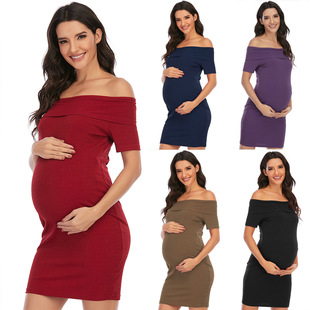 6175# spot! New maternity dress Amazon ebay European and American solid color off-shoulder short sleeve dress