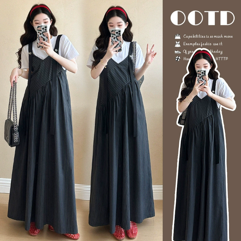 Летний костюм для беременных 2025, новый корейский стиль, свободный, стройнящий, широкие полосатые брюки-комбинезон на бретелях, комплект из двух предметов