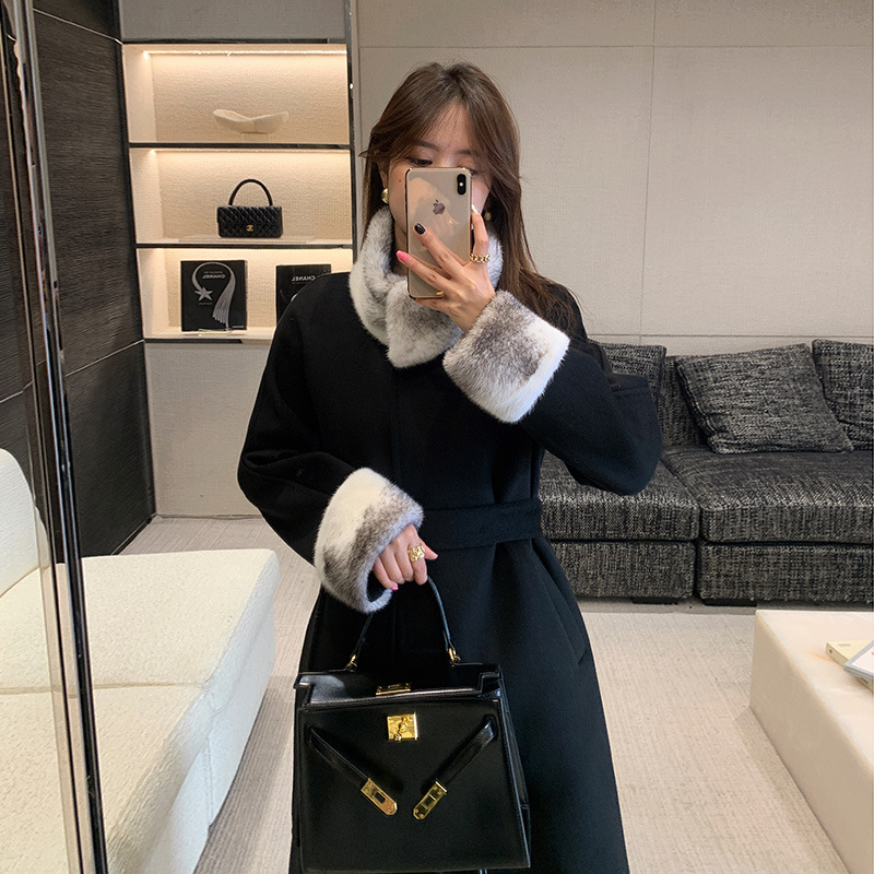 High-end Mink Fur Collar Double-sided Cashmere Coat Winter New High-end Woolen Coat for Women