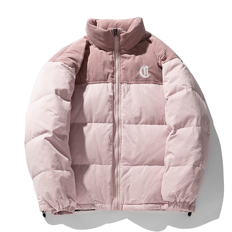 Chaqueta de pana con cuello alto y patchwork de algodón, chaqueta acolchada gruesa de invierno, chaqueta de algodón con bordado de letras de marca de moda para parejas