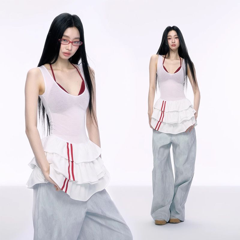 Jersey Style Color-Block Sweet Spicy Girl Dress Cake Skirt Women's Slim-Fit Waist Summer Ruffle Short Dress with Color-Block Design