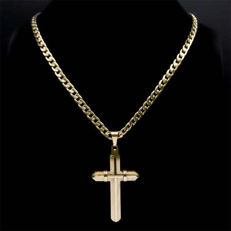 Collier croix en acier inoxydable pour homme, style géométrique tridimensionnel, disponible en Europe et aux États-Unis._voghion.com