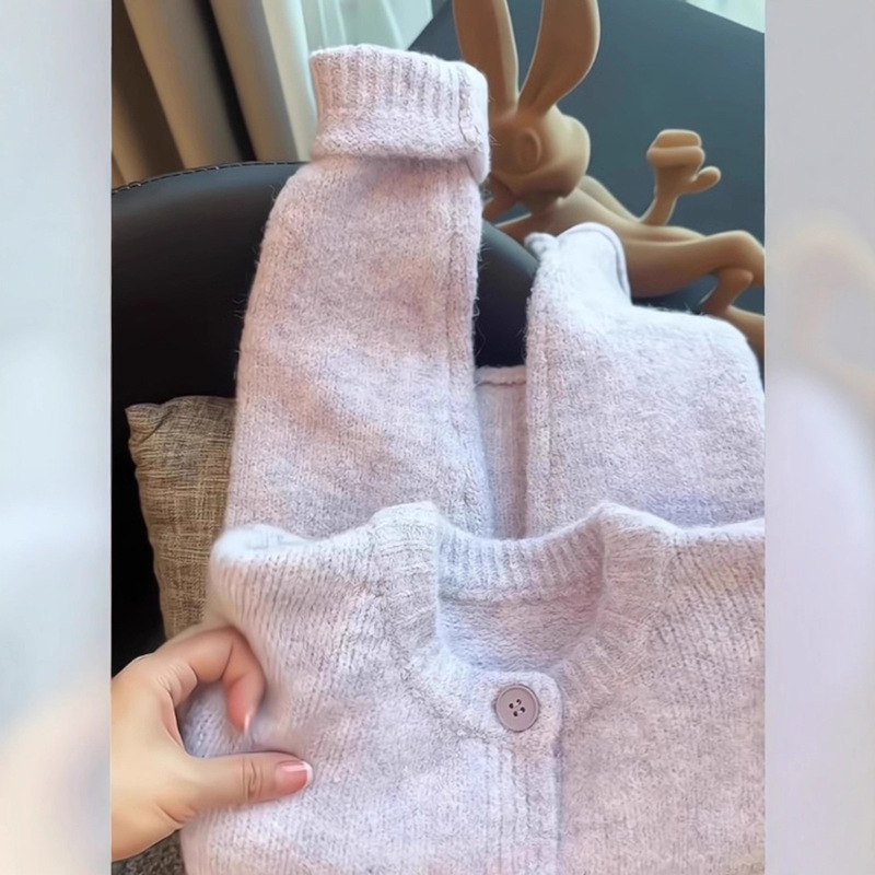 韩版软糯紫色毛衣针织开衫女秋冬圆领气质宽松羊毛衫长袖外套上衣|undefined