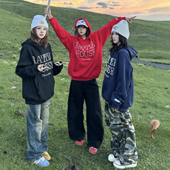 美式复古设计感字母钉珠刺绣连帽卫衣宽松男女高街休闲情侣上衣潮