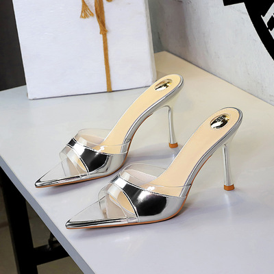 675 European and American style sexy super high heels for women, thin heels, patent leather half slippers, pointed toes,