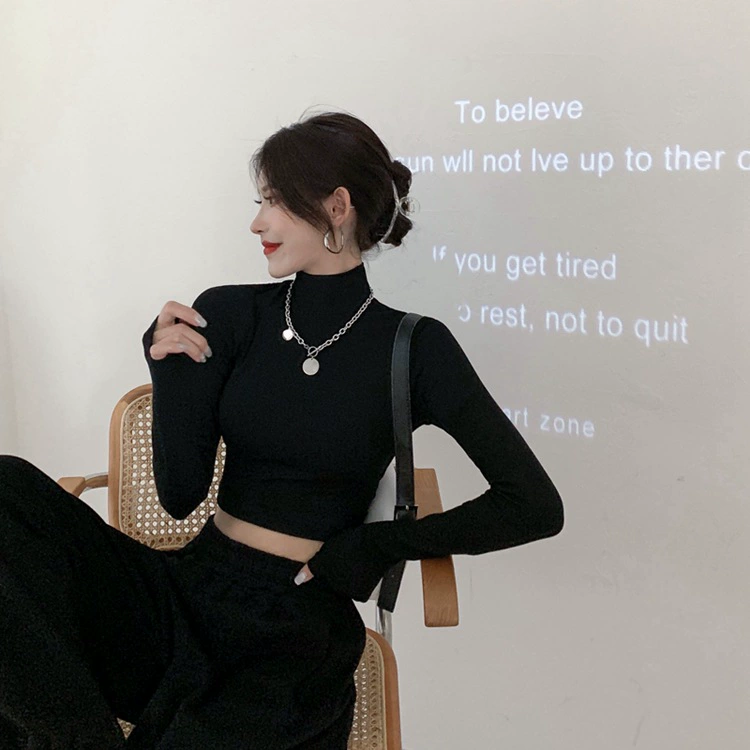 Трикотажный топ с длинным рукавом и высоким воротником, женский облегающий крой, укорочённая длина