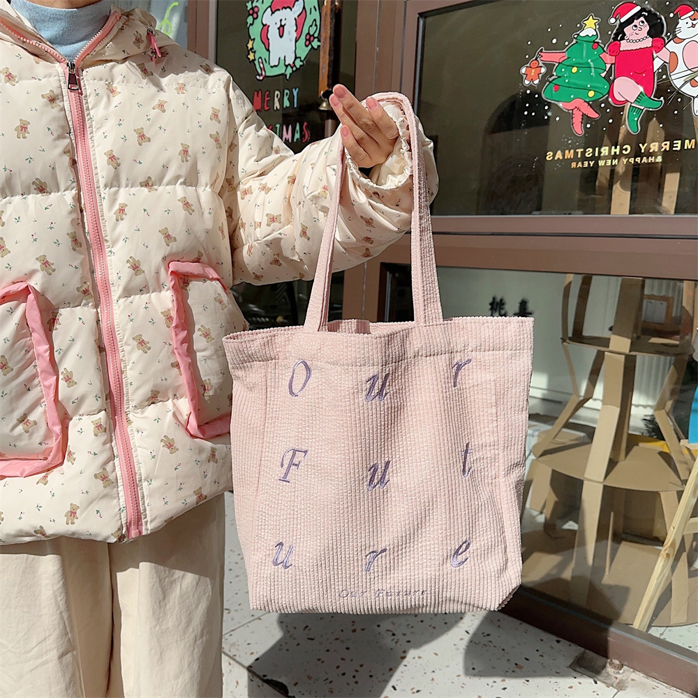 310262 embroidered letter future corduroy single-shoulder Maillard color hand-held canvas bag Women's tote bag undefined