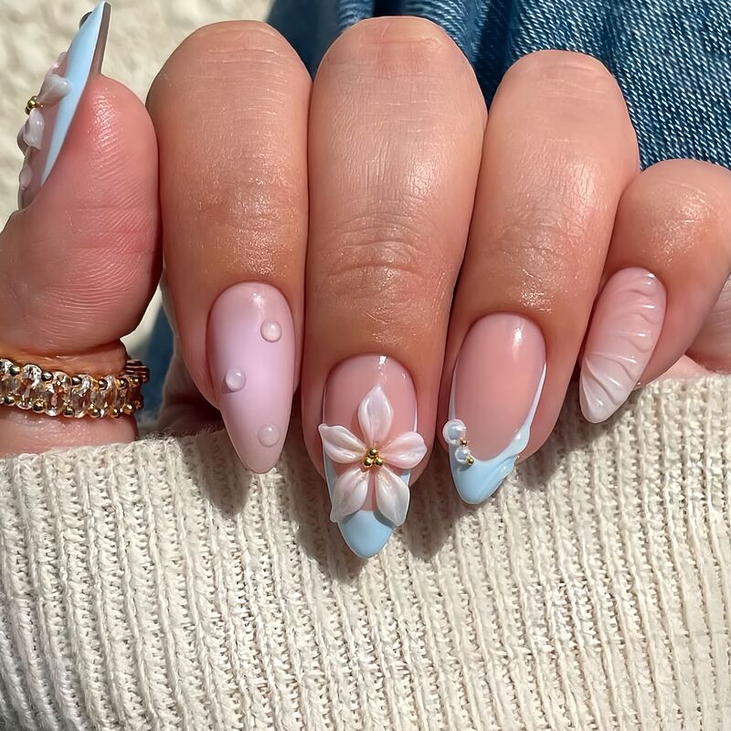 Cross-Border Hot-Selling Almond-Shaped Fake Nails 3D Stereo Flowers Cute Water Drops Water Ripple Design Wearable Nails Removable