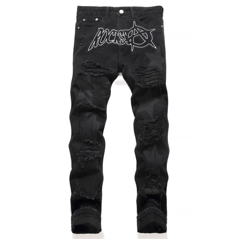High Street Black Ripped Jeans Men's Five-pointed Star Patch Loose Straight Non-elastic All-match Casual Long Trendy Pants