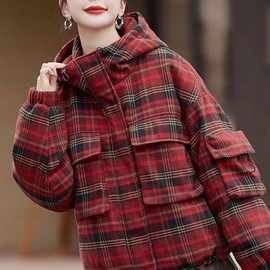 欧货格子毛呢羽绒服女短款2025冬装新款洋气高端大牌白鸭绒外套