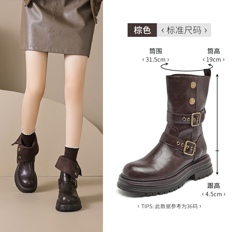 奥古狮登厚底马丁靴女2025新款秋季棕色中筒短靴复古美拉德骑士靴|undefined