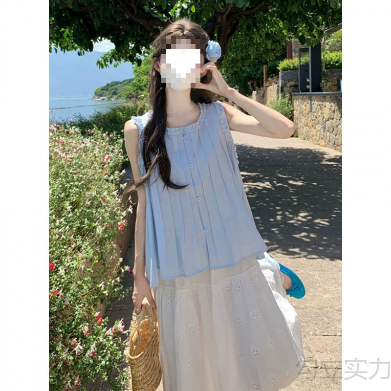 蓝色棉麻无袖上衣2025女夏多巴胺套装法式小资漂亮娃娃衫背心T恤