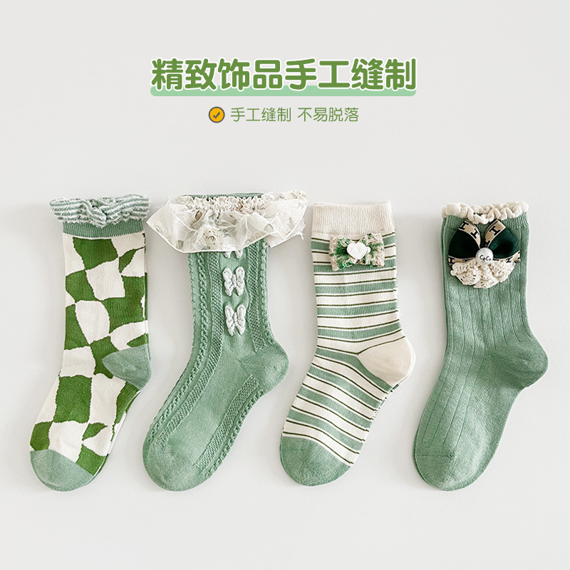 包邮一体机无骨缝头lolita儿童袜子秋冬新款蝴蝶结花边女童中筒袜|undefined
