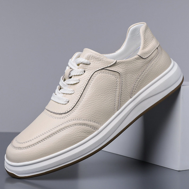 Giày sneaker nam da bò thật thoáng khí, giày trắng thời trang dây buộc phía trước — Màu trắng nhạt, màu trắng tinh khiết, màu xám, đen
