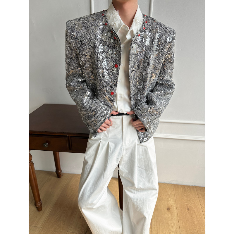 Nightclub Bar Party Stylish Sequin Jacket Short Style Unisex Fashionable Red Button Photo Shoot Outfit Jacket Internet Celebrity Nightclub Bar Party Stylish Sequin Jacket Short Style Unisex Fashionable Red Button Photo Shoot Outfit Jacket Internet Celebrity