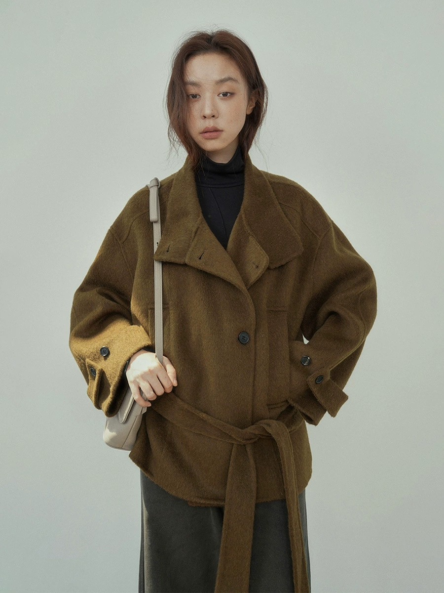 Short double‑side wool jacket, women's retro winter leisure, belted, one size
