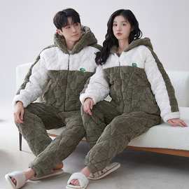 睡衣情侣男款三层夹棉珊瑚绒新款冬款连帽拉链女士家居服卡通套装
