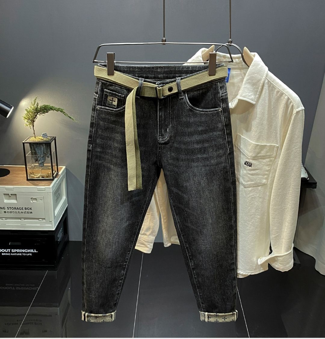 High end light luxury brand fitting jeans for men with slim fit and small feet, Korean version trendy loose straight leg_voghion.com