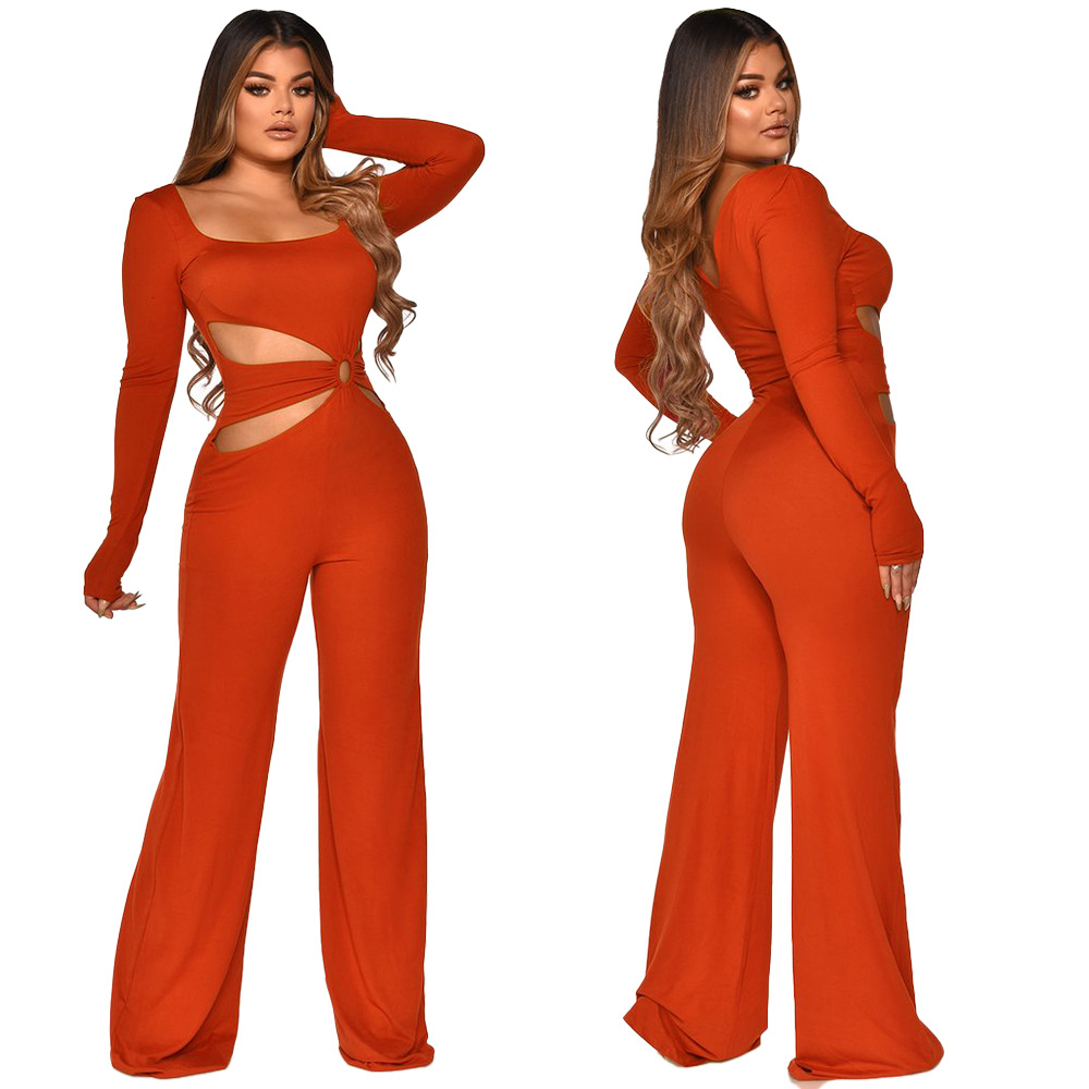 solid color square neck exposed waist hollow jumpsuit NSMYF84713