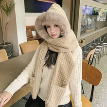 成人帽子围巾手套一体三件套冬季加绒提花帽子三合一骑车保暖围脖