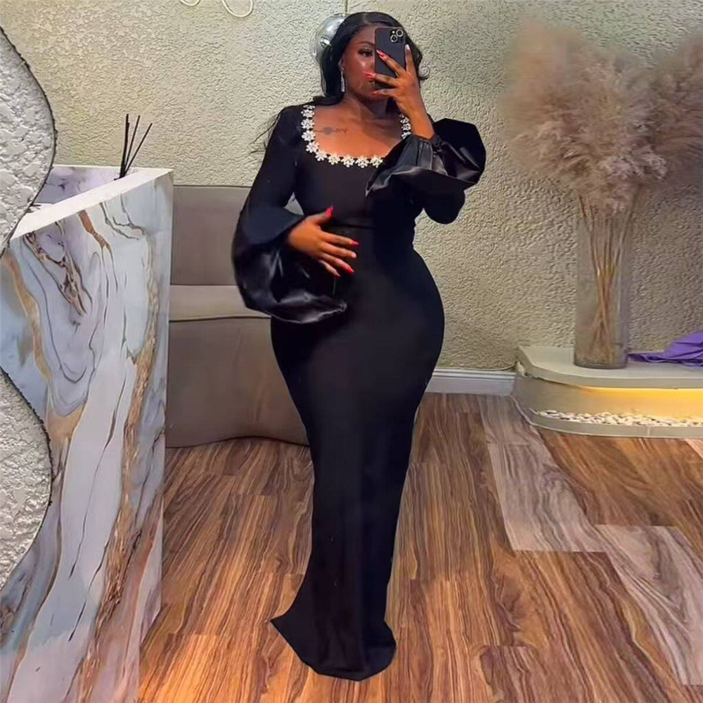 European and American Style Bodycon Bandage Dress, Slim and Sexy Flared Long Sleeve Dress with Rhinestones, Women's Square Neck Fashion Evening Gown