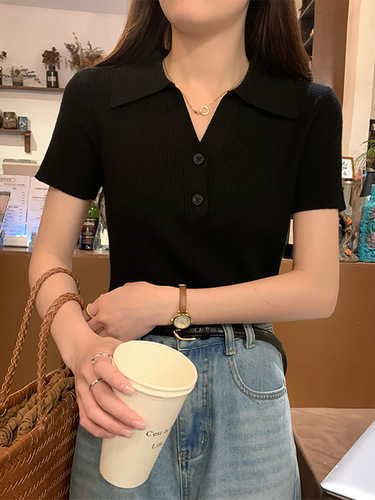 Summer 2025 New Polo Collared Pure Desire Button High-End Design Unique Short-Sleeve Ice Silk Knit Top