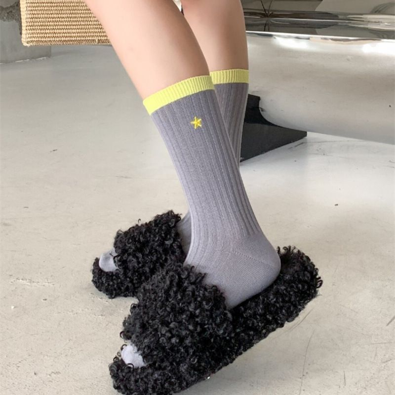 Comfortable Women's Socks Autumn and Winter New Embroidered Five-Pointed Star Trendy Socks Double-Needle All-Season Breathable Versatile Color-Blocking Mid-Calf Socks