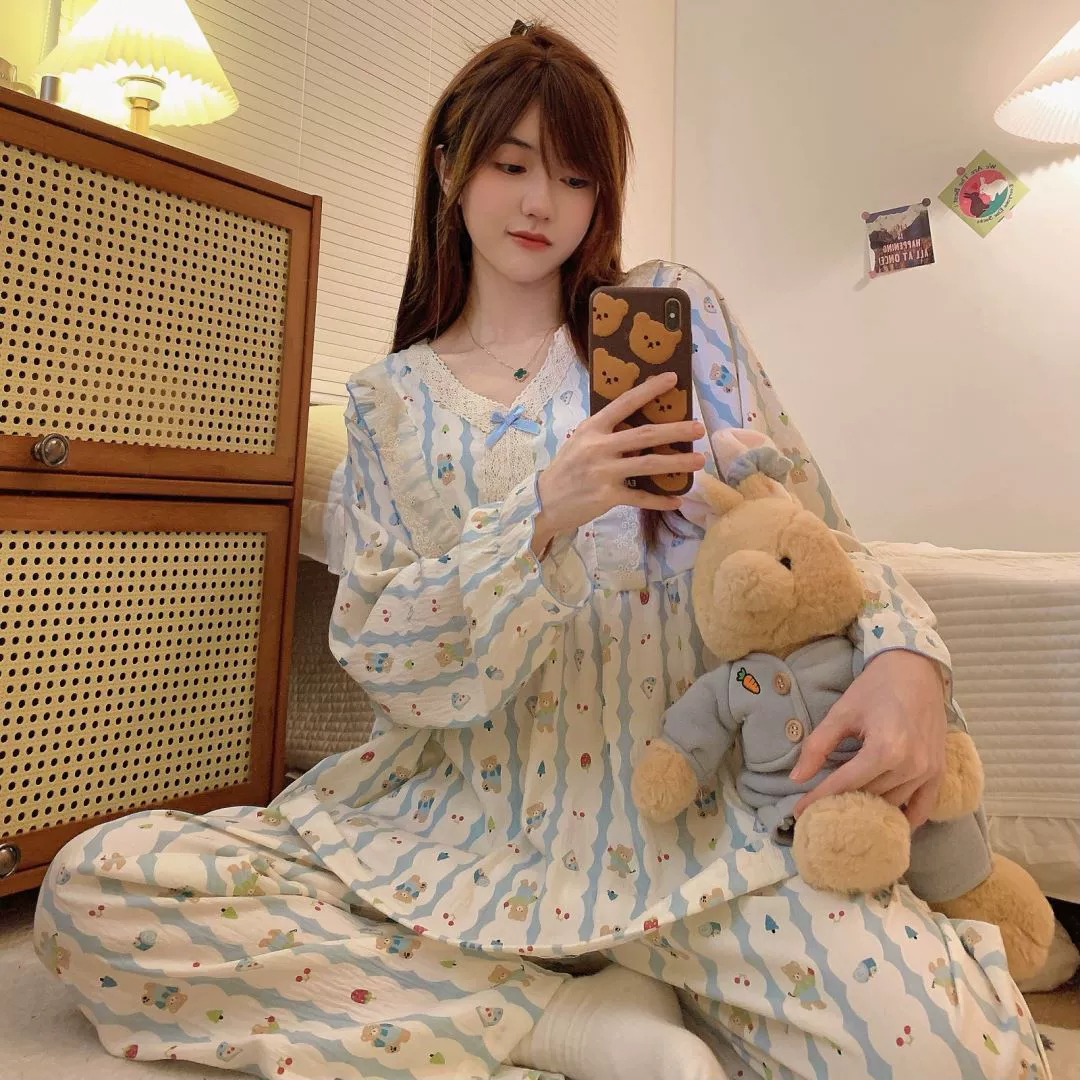 2024 новые японские пижамы женские осенние облака хлопчатобумажный костюм с длинными рукавами плюс 250 кг может носить домашнюю одежду