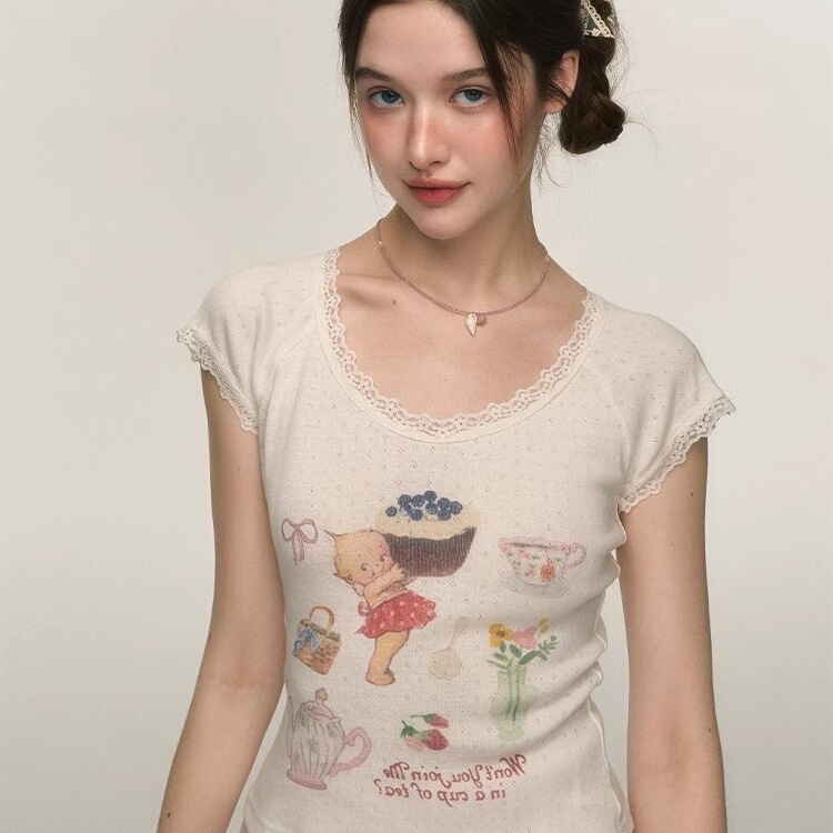 2024 New Summer Style Printed Sweet and Cute Lace Slimming Look Short Round Neck T-Shirt Short-Sleeved Tops for Women 2024 New Summer Style Printed Sweet and Cute Lace Slimming Look Short Round Neck T-Shirt Short-Sleeved Tops for Women