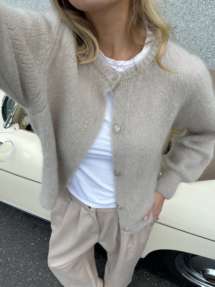 Áo cardigan len dệt kim dáng mỏng nhẹ cài nút một hàng, tay dài cổ tròn nữ — hoa hồng đỏ, màu be, màu cam, màu hoa cà chi tiết 118