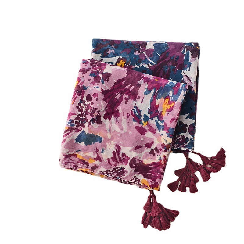 2022 nuevo algodón suave y lino sensación bufanda larga borla bufanda grande colorido pintura bufanda protector solar chal para mujeres