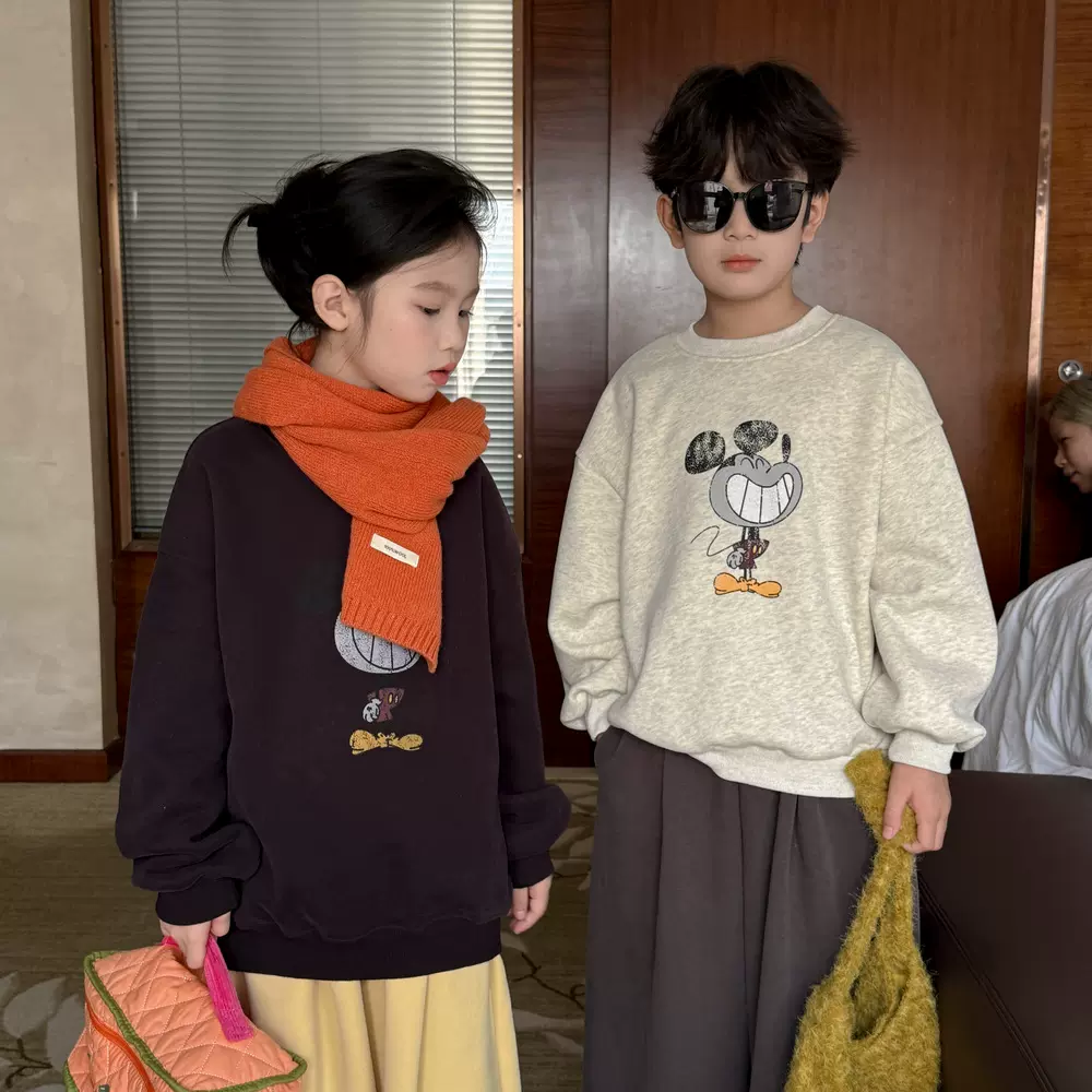 童卫衣2025韩版男女童加绒圆领休闲套头卫衣百搭卡通印花上衣