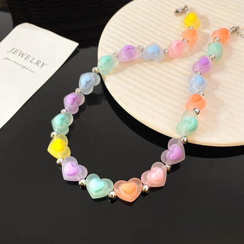 Dopamine necklace colorful heart resin lockets, niche girlfriend summer small-town sweet and cute accessories
